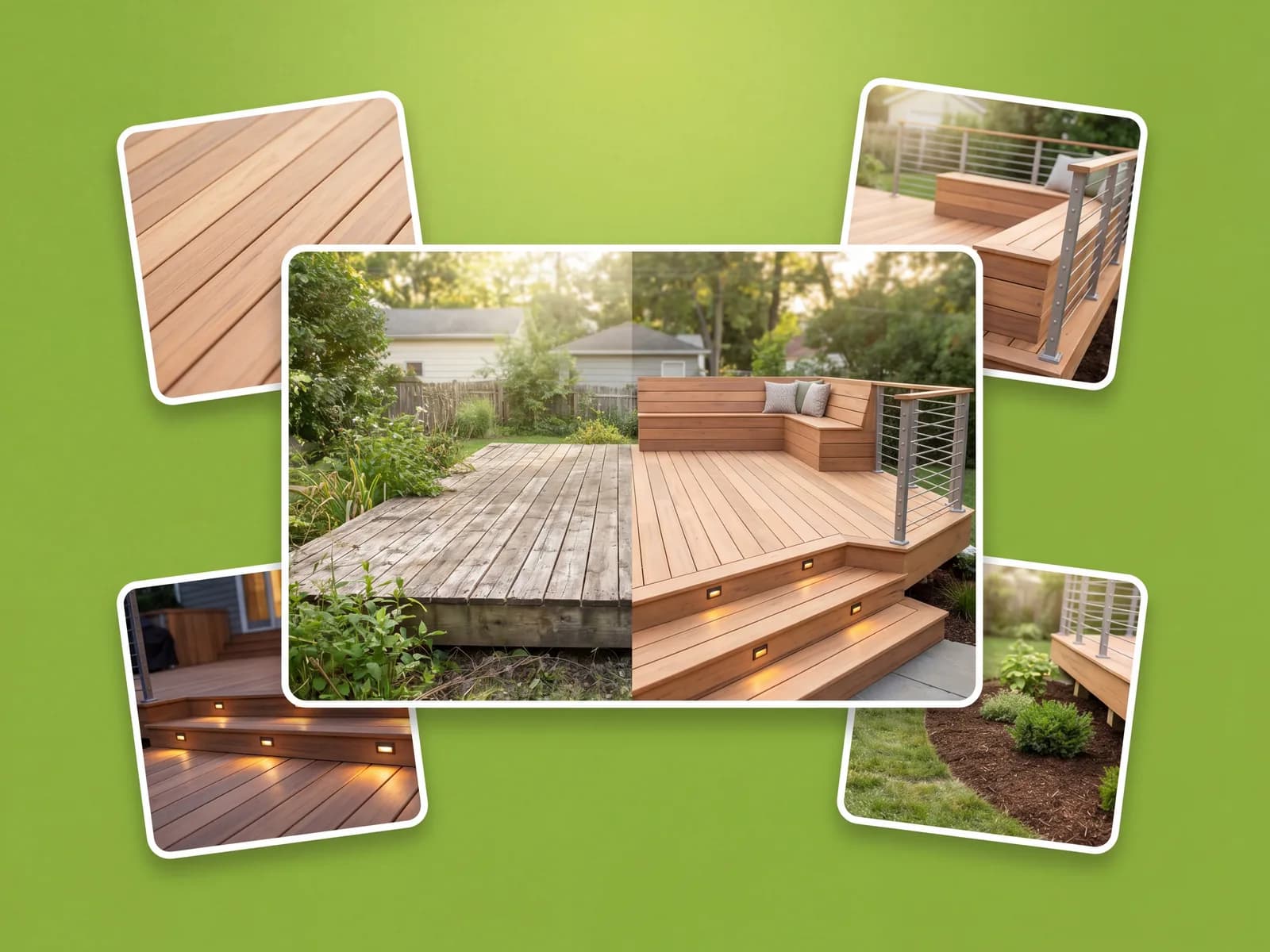 Deck board and railing options compared on one house