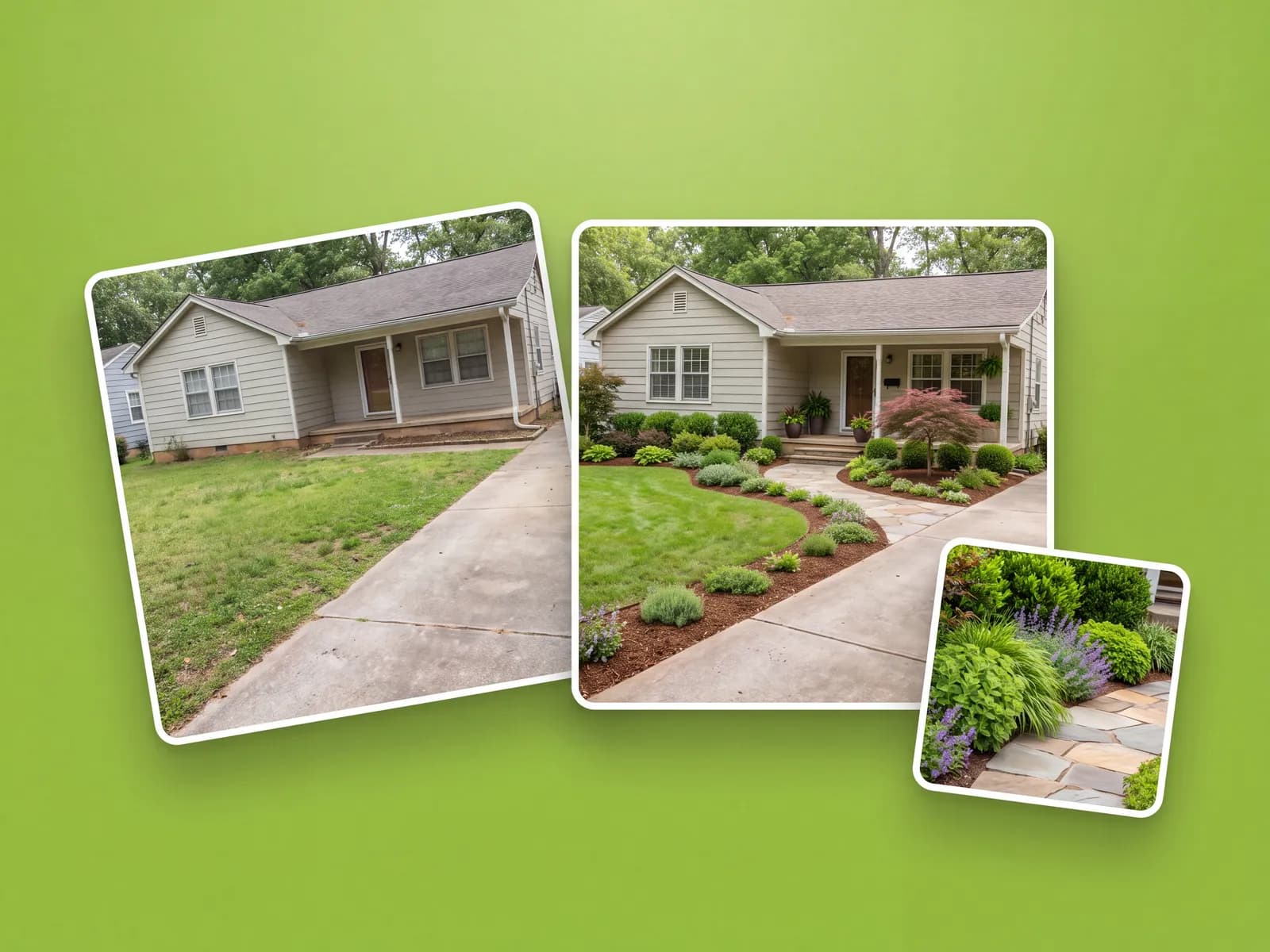 A front yard from the curb, before and after an AI redesign of the planting