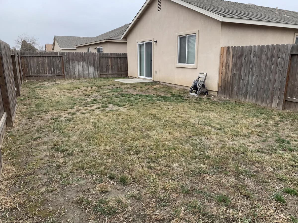 AI landscape design before and after: a real yard photo redesigned into a finished concept