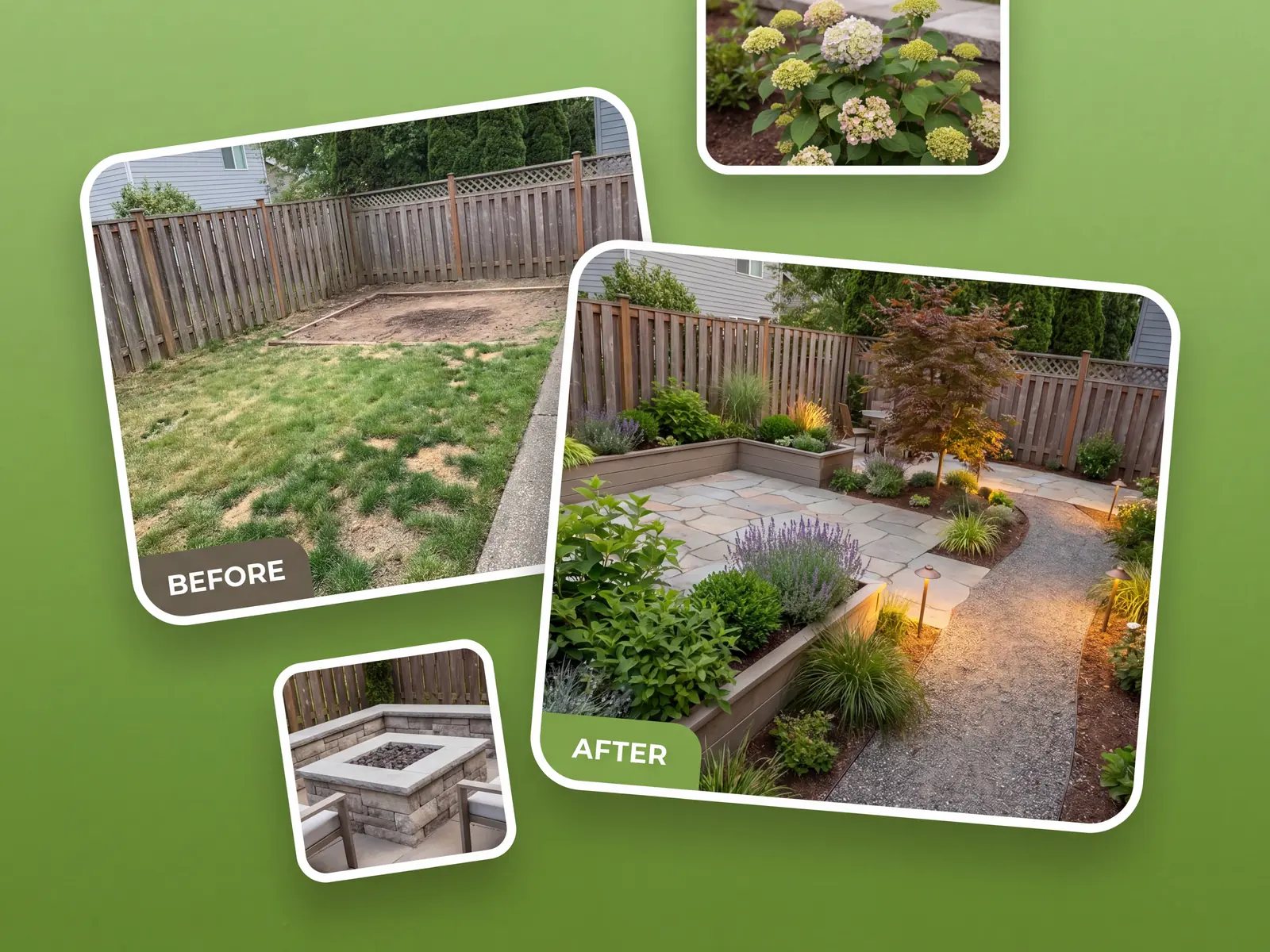 Before and after of a yard redesigned by OutdoorBrite