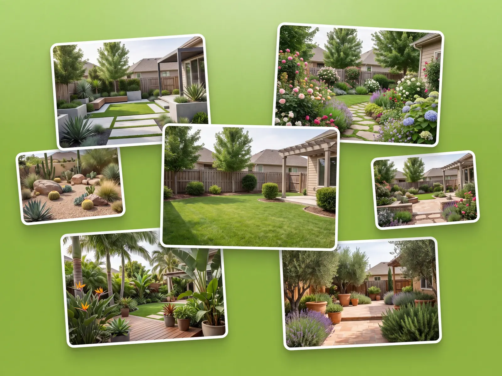 Five landscape styles applied to the same backyard photo