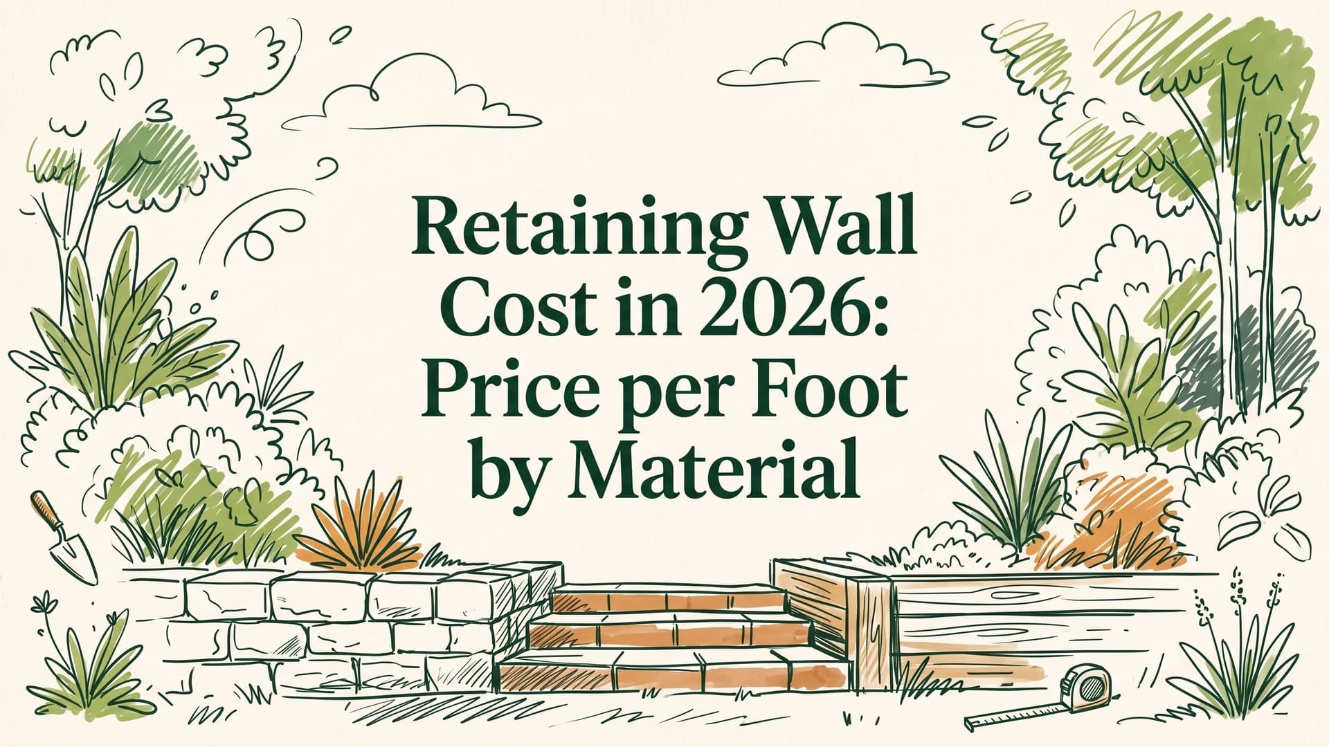 Retaining wall cost illustration with sketched block and stone walls, garden steps, plants and a tape measure